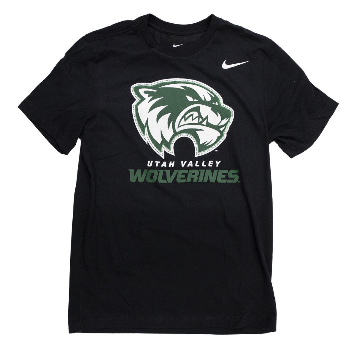 Black Nike Dri-Fit cotton tee with a large mascot logo with stitch lines around the edge to make it look like a patch, UVU athletic logo underneath it and a Nike swoosh on the left chest